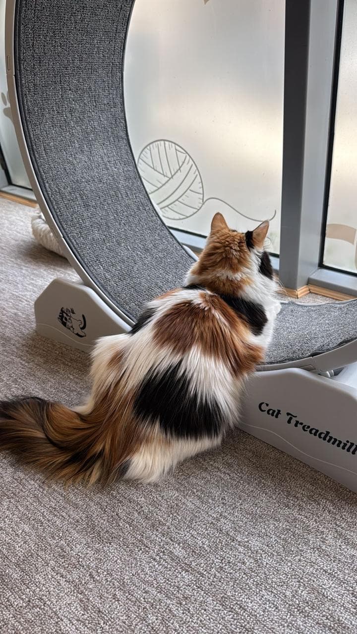 Calico cat looking through the cat treadmill